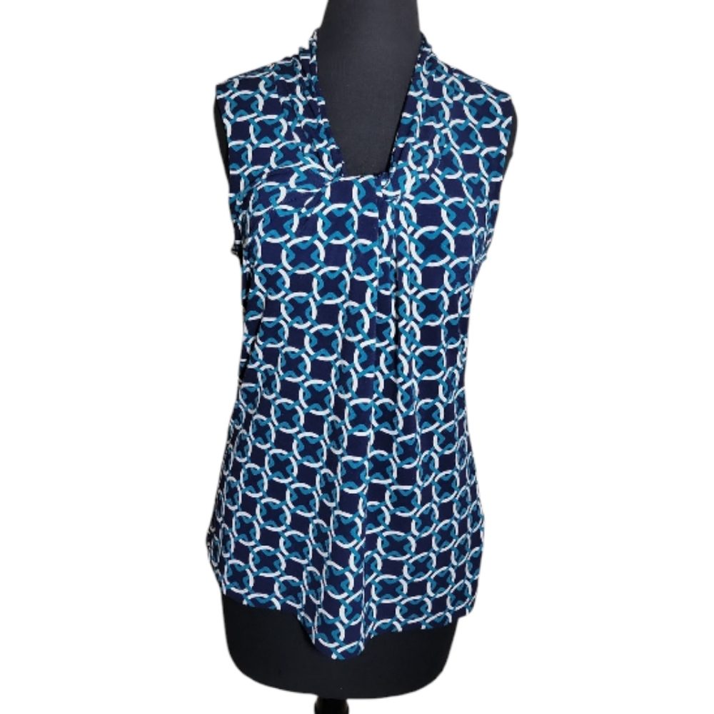 Banana Republic geometric print sleeveless top blue teal white scoop neck small